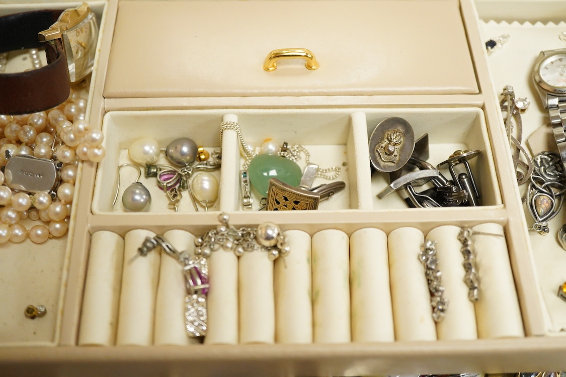 A jewellery box containing mainly costume and other jewellery including, silver and 925 cufflinks, a cultured pearl necklace with silver and paste set clasp and three wrist watches including a steel and gold plated Bulov